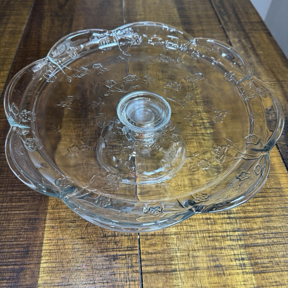 Anchor Hocking Cake Stand Savannah Embossed Floral Motif Pedestl Vtg Clear Glass